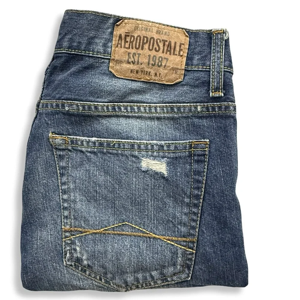 Aeropostale Essex Straight Leg Jeans Mens 30 Blue Distressed Ripped Grunge Denim